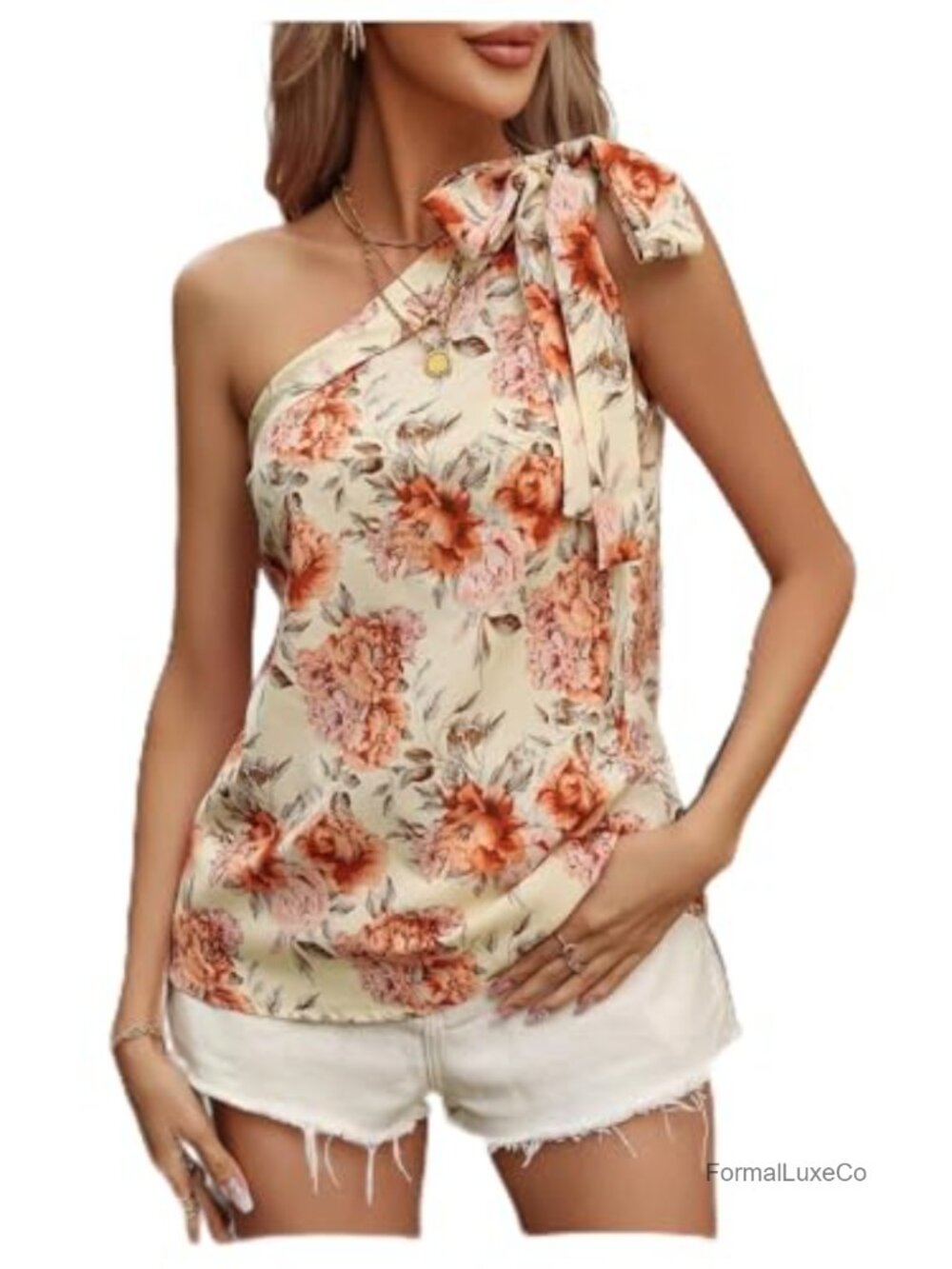 Women's Sleeveless Floral One Shoulder Blouse with Bow Tie